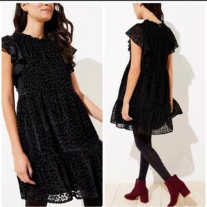 LOFT Leopard Print Velvet Swing TIERED Dress Black SIZE XS NWOT